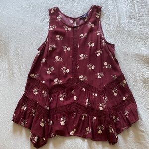 American Eagle Floral Burgundy Flowy Tunic Tank Top with Lace Detail